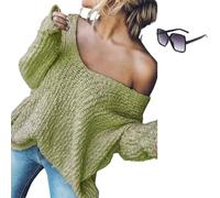 Women's Off-The-Shoulder Sweater Loose Lightweight Pullover Top,V-Neck Hollow Knitted Solid Color Long-Sleeved Autumn (Green,S)