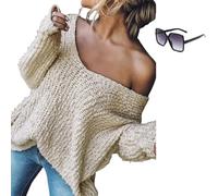 Women's Off-The-Shoulder Sweater Loose Lightweight Pullover Top,V-Neck Hollow Knitted Solid Color Long-Sleeved Autumn (Black,S)