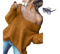 Women's Off-The-Shoulder Sweater Loose Lightweight Pullover Top,V-Neck Hollow Knitted Solid Color Long-Sleeved Autumn (Orange,M)