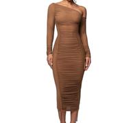 Womens One Shoulder Long Sleeve Mesh Ruched Bodycon Midi Dress (Brown,L)