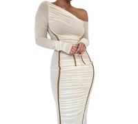 Womens One Shoulder Long Sleeve Mesh Ruched Bodycon Midi Dress (White,S)
