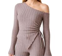Women's One Shoulder Ribbed Knit Top Long Flare Bell Sleeve Asymmetrical Hem Side Tie Crop Blouse Spring Summer Casual Party Clubwear Red Style