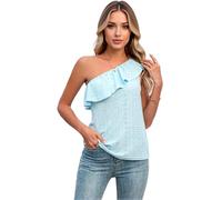 Women's One Shoulder Ruffle Top Summer Eyelet Asymmetrical Tank Top Casual Sleeveless Blouse Solid Color Vacation Outfit Black Fashion