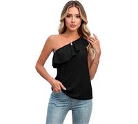 Women's One Shoulder Ruffle Top Summer Eyelet Asymmetrical Tank Top Casual Sleeveless Blouse Solid Color Vacation Outfit Black Fashion