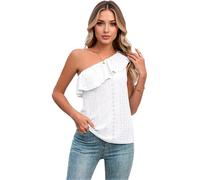 Women's One Shoulder Ruffle Top Summer Eyelet Asymmetrical Tank Top Casual Sleeveless Blouse Solid Color Vacation Outfit Black Fashion