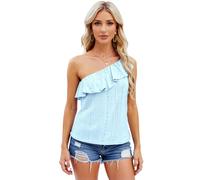 Women's One Shoulder Ruffle Top Summer Eyelet Sleeveless Blouse Casual Solid Color Asymmetrical Neckline Shirt for Beach Vacation Party Date