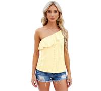 Women's One Shoulder Ruffle Top Summer Eyelet Sleeveless Blouse Casual Solid Color Asymmetrical Neckline Shirt for Beach Vacation Party Date
