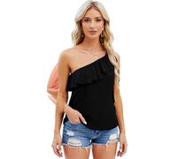 Women's One Shoulder Ruffle Top Summer Eyelet Sleeveless Blouse Casual Solid Color Asymmetrical Neckline Shirt for Beach Vacation Party Date