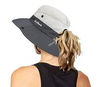 Women's Outdoor UV-Protection-Foldable Sun-Hats Mesh Wide-Brim Beach Fishing Hat with Ponytail-Hole