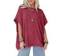 Women's Oversized Batwing Sleeve Knit Top Casual Solid Color Round Neck Loose Fit Poncho Style Tunic Blouse for Summer Fall Vacation