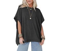 Women's Oversized Batwing Sleeve Knit Top Casual Solid Color Round Neck Loose Fit Poncho Style Tunic Blouse for Summer Fall Vacation