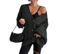 Womens Oversized Cardigan Sweater Chunky Cable Knit Relaxed Long Sleeve (Black,XL)