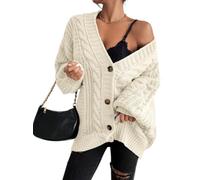 Womens Oversized Cardigan Sweater Chunky Cable Knit Relaxed Long Sleeve (White,L)