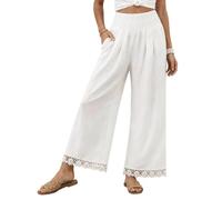 Womens Palazzo Pants High Smocked Waist Floral Lace Trim Pockets (White,M)