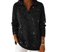 Women's Party Fashion Polo Collar Shiny Loose Cozy Sweater Top, Slimming Knit V Neck Jumper Sweater Dresses 2026 New (Black,3XL)