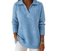 Women's Party Fashion Polo Collar Shiny Loose Cozy Sweater Top, Slimming Knit V Neck Jumper Sweater Dresses 2026 New (Blue,XXL)