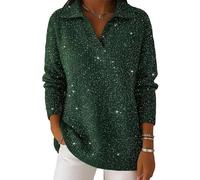 Women's Party Fashion Polo Collar Shiny Loose Cozy Sweater Top, Slimming Knit V Neck Jumper Sweater Dresses 2026 New (Green,S)