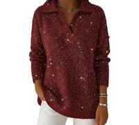 Women's Party Fashion Polo Collar Shiny Loose Cozy Sweater Top, Slimming Knit V Neck Jumper Sweater Dresses 2026 New (Burgundy,XXL)