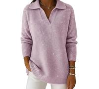 Women's Party Fashion Polo Collar Shiny Loose Cozy Sweater Top, Slimming Knit V Neck Jumper Sweater Dresses 2026 New (Pink,M)