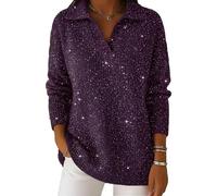Women's Party Fashion Polo Collar Shiny Loose Cozy Sweater Top, Slimming Knit V Neck Jumper Sweater Dresses 2026 New (Purple,M)