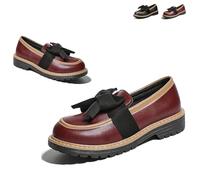 Women's Patent Bowknot Thick Sole Loafers Fashion Round Toe Lug Sole Low Block Heel Elegant Dress Shoes Non-Slip Loafers for Office Business Work Everyday Wear (Red,43)