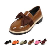 Women's Patent Leather Bow Chunky Heel Loafers,Round Toe Platform Slip On Shoes with Anti-Slip Sole,Comfortable Low Block Heel Flats for Everyday Business Office Work (Brown,36)