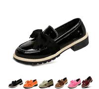 Women's Patent Leather Bow Chunky Heel Loafers,Round Toe Platform Slip On Shoes with Anti-Slip Sole,Comfortable Low Block Heel Flats for Everyday Business Office Work (Black,41)