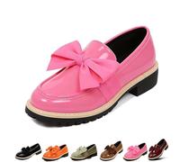 Women's Patent Leather Bow Chunky Heel Loafers,Round Toe Platform Slip On Shoes with Anti-Slip Sole,Comfortable Low Block Heel Flats for Everyday Business Office Work (Pink,36)
