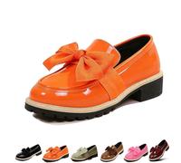 Women's Patent Leather Bow Chunky Heel Loafers,Round Toe Platform Slip On Shoes with Anti-Slip Sole,Comfortable Low Block Heel Flats for Everyday Business Office Work (Orange,39)
