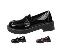 Women's Patent Leather Loafers, Chunky Platform Loafers for Women with Double Metal Buckle, Retro Round Toe Lace Up Slip-On Penny Shoes, Thick-Soled Height-Increasing Casual Shoes (Black,37)