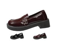 Women's Patent Leather Loafers, Chunky Platform Loafers for Women with Double Metal Buckle, Retro Round Toe Lace Up Slip-On Penny Shoes, Thick-Soled Height-Increasing Casual Shoes (Brown,36)