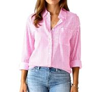 Women's Pink and White Vertical Striped Button Down Shirt Long Sleeve Casual Loose Fit Blouse with Chest Pocket Summer Beach Vacation Top