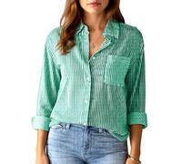 Women's Pink and White Vertical Striped Button Down Shirt Long Sleeve Casual Loose Fit Blouse with Chest Pocket Summer Beach Vacation Top