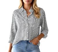 Women's Pink and White Vertical Striped Button Down Shirt Long Sleeve Casual Loose Fit Blouse with Chest Pocket Summer Beach Vacation Top