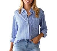 Women's Pink and White Vertical Striped Button Down Shirt Long Sleeve Casual Loose Fit Blouse with Chest Pocket Summer Beach Vacation Top