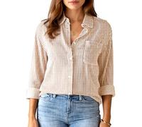 Women's Pink and White Vertical Striped Button Down Shirt Long Sleeve Casual Loose Fit Blouse with Chest Pocket Summer Beach Vacation Top