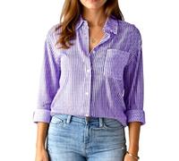 Women's Pink and White Vertical Striped Button Down Shirt Long Sleeve Casual Loose Fit Blouse with Chest Pocket Summer Beach Vacation Top