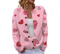 Women's Pink Heart Knit Cardigan Casual Loose Fit Sweater for Fall and Winter