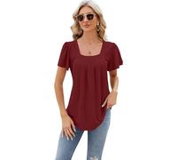 Women's Pink Square Neck Eyelet Top Short Puff Sleeve Pleated Tunic Blouse Casual Summer Vacation tee Shirt with High Low Hem for Daily Wear