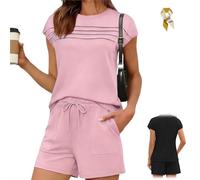 Women's Pintuck T-Shirt & Drawstring Shorts 2-Piece Set,Summer Casual Round Neck Solid Color Loungewear Two Piece with Pocket (Pink, L)