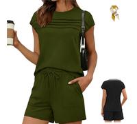 Women's Pintuck T-Shirt & Drawstring Shorts 2-Piece Set,Summer Casual Round Neck Solid Color Loungewear Two Piece with Pocket (Army Green, XL)