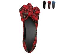 Women's Plaid Bow Ballet Flat Shoes - Non-Slip Rubber Sole Slip-On Loafers, Cute & Comfortable Casual Flats for Everyday Wear (Red,42)
