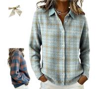 Women's Plaid Print Casual Cotton Buttoned Cardigan Sweater,Plaid Knitted Cropped Sweater,Winter Long Sleeve Shirt Collar Top (FR/ES, Letras, S, Regular, Regular, A)