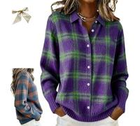 Women's Plaid Print Casual Cotton Buttoned Cardigan Sweater,Plaid Knitted Cropped Sweater,Winter Long Sleeve Shirt Collar Top (FR/ES, Letras, 4XL, Regular, Regular, G)