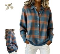 Women's Plaid Print Casual Cotton Buttoned Cardigan Sweater,Plaid Knitted Cropped Sweater,Winter Long Sleeve Shirt Collar Top (FR/ES, Letras, M, Regular, Regular, D)