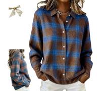 Women's Plaid Print Casual Cotton Buttoned Cardigan Sweater,Plaid Knitted Cropped Sweater,Winter Long Sleeve Shirt Collar Top (FR/ES, Letras, 5XL, Regular, Regular, B)