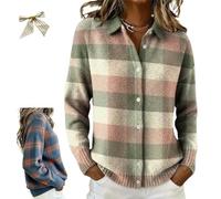 Women's Plaid Print Casual Cotton Buttoned Cardigan Sweater,Plaid Knitted Cropped Sweater,Winter Long Sleeve Shirt Collar Top (FR/ES, Letras, 3XL, Regular, Regular, F)