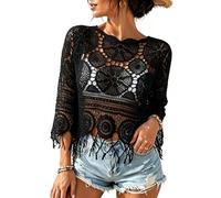 Women's Plain Fringe Trim Cut out Sheer Cover Up, Boho Scallop Trim 3/4 Sleeve Beach Sarong for Beach Vacation (Black)