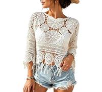 Women's Plain Fringe Trim Cut out Sheer Cover Up, Boho Scallop Trim 3/4 Sleeve Beach Sarong for Beach Vacation (Beige)
