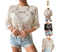 Women's Plain Fringe Trim Cut out Sheer Cover Up,Boho Scallop Trim 3/4 Sleeve Round Neck Cover Up,Beach Sarong for Vacation (Beige)